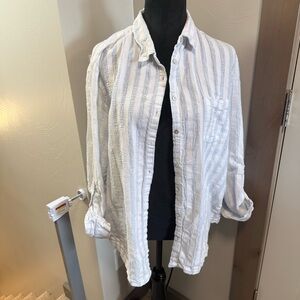 Jane and Delancey‎ Button Front Cotton Gauze Vertical Stripe Blouse Long Sleeve